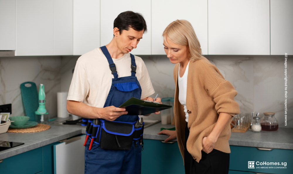 Property owner discussing a small maintenance issue with a repair professional