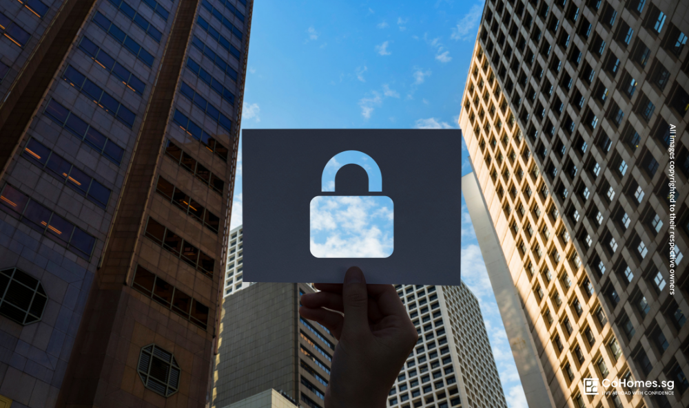 Privacy and security symbol displayed between high-rise buildings