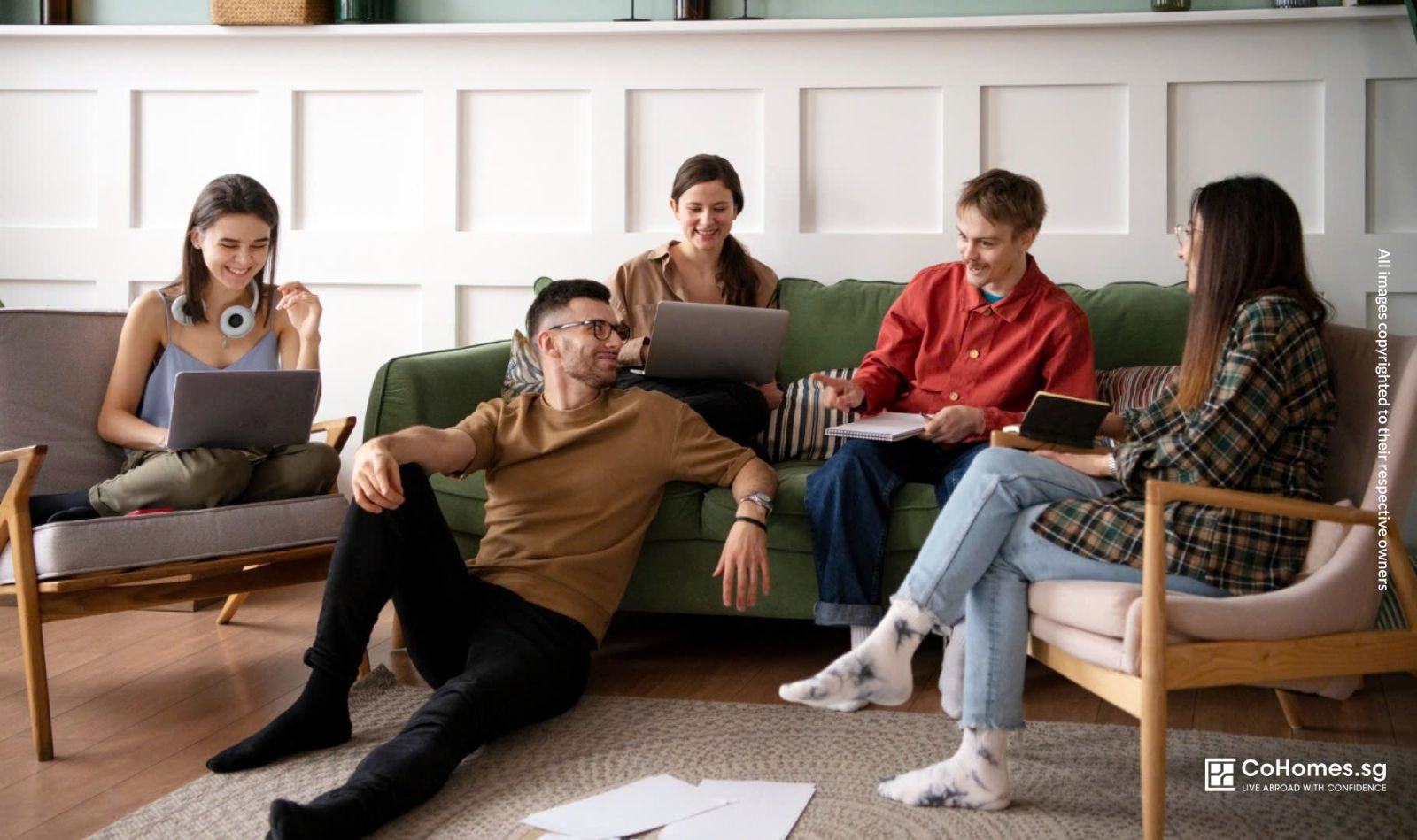 Group of friends chatting in a cozy living room