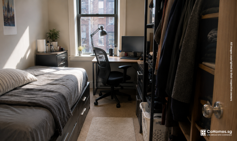 Small rental room in Singapore with a functional layout, illustrating why a room can feel cramped despite having enough space.