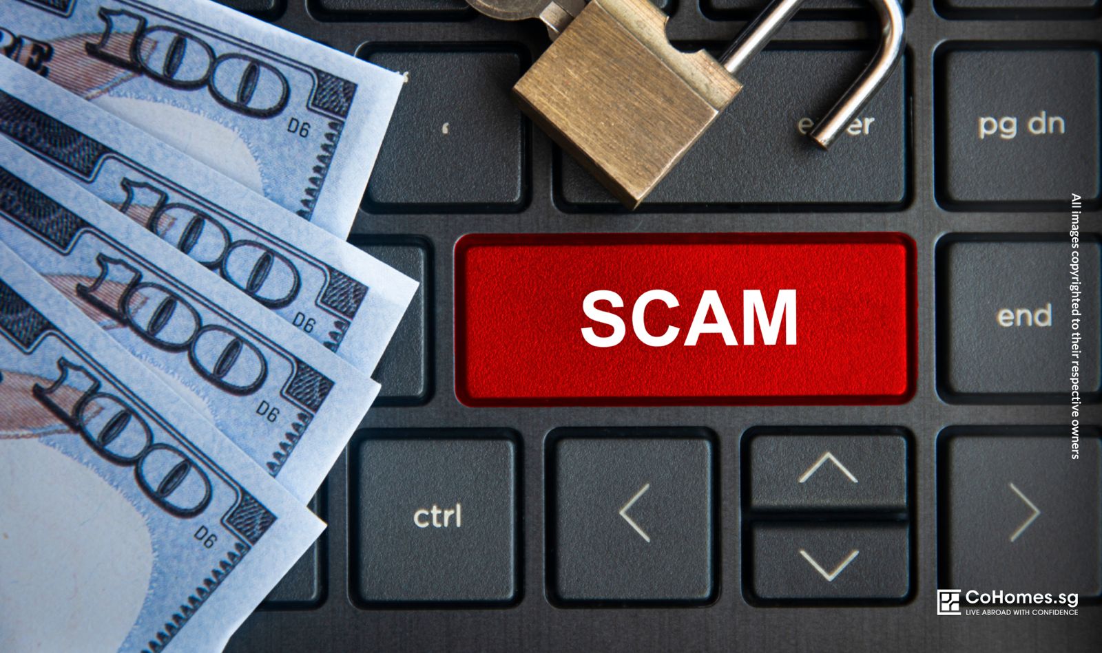 Keyboard with a scam warning button and cash, symbolizing rental fraud and scam warning signs