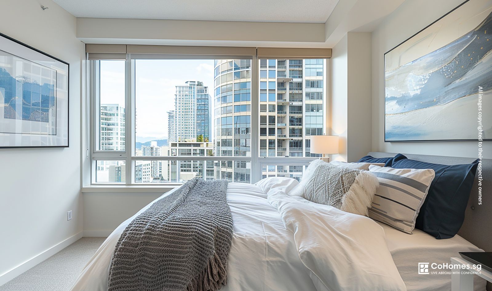 Modern master bedroom with large windows and city view in a Singapore condominium